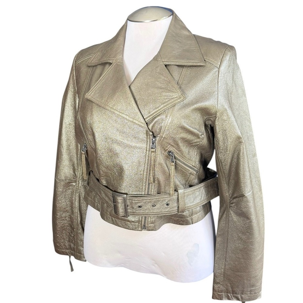 Relativity Gold Metallic Leather Moto Jacket Womens XL Cropped Belted Biker